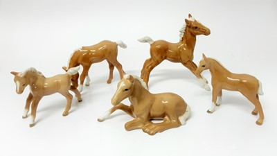 Lot 78 - Five Beswick Palamino Foals including Foal (lying) model no. 915, designed by Arthur Gredington, 8.3cm high