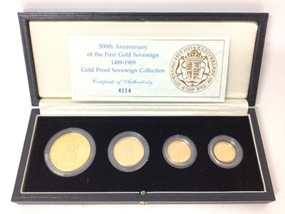 Lot 442 - G.B. - Royal Mint gold proof four coin Sovereign collection '500th Anniversary of the First Gold Sovereign 1489-1989' to include Five Pound, Double Sovereign, Sovereign and Half Sovereign (In case...