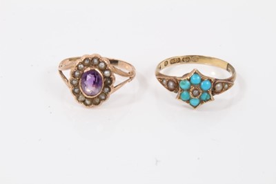 Lot 73 - 1920s 9ct gold turquoise and seed pearl flower head ring and antique gold amethyst and seed pearl ring (2)