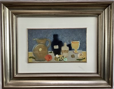 Lot 170 - English School, contemporary - Mixed media and collage still life of items on a tabletop, indistinctly signed