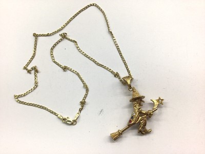 Lot 951 - 9ct gold gem set witch pendant on 9ct gold flat curb link chain