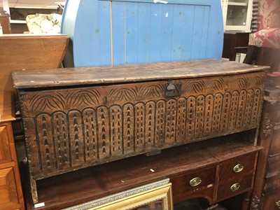 Lot 1011 - Antique oak and elm coffer with carved decoration to front panel