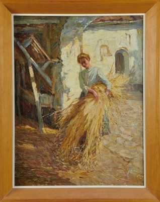 Lot 1274 - Manner of George Clausen (1852-1944) oil on canvas, girl with hay, unsigned, 54cm x 41cm, framed