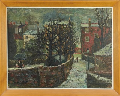 Lot 1116 - Camden Town Group, oil on board, Street scene in snow
