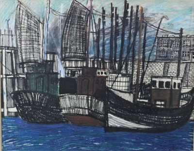 Lot 1117 - Manner of Bernard Buffet, mid 20th century, mixed media, fishing boats, apparently unsigned