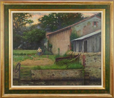 Lot 1130 - *Alex W. Russell Flint (b.1974) oil on canvas laid on board - Madame Coutelot and cat in a farmyard at dusk, initialled, 69cm x 83cm, framed