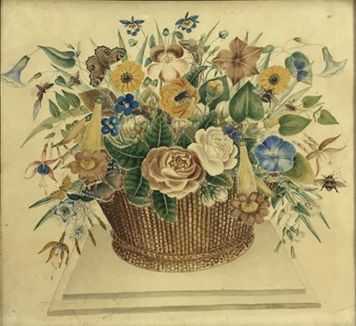 Lot 92 - 19th century watercolour of basket of flowers, 43cm x 47cm