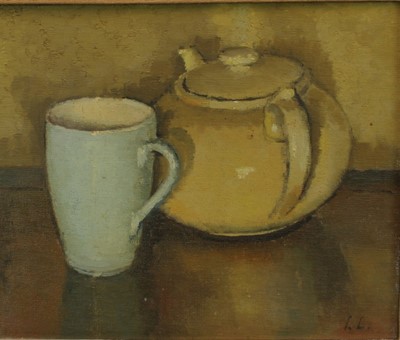 Lot 1120 - Lynton Lamb (1907-1977), oil on canvas - still life teapot and mug, signed with initials, 24cm x 29cm, framed