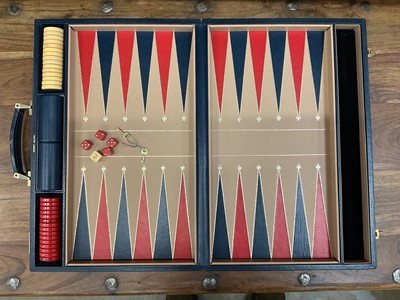 Lot 29 - Good quality Asprey blue leather travelling backgammon set