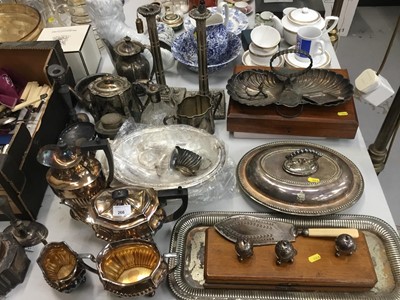 Lot 266 - Pair Victorian plated candlesticks, entree dishes, plated four piece tea set , claret jug and sundry plate