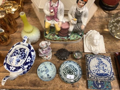 Lot 41 - Group of 19th century and other ceramics including chinese pottery dishes, tiles and other pieces