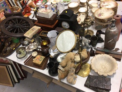 Lot 269 - Sundry items, including a 19th century spinning wheel (a/f), inlaid slate clock, large toleware tray, mahogany box, etc