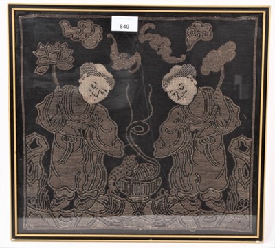 Lot 840 - Framed Japanese silk embroidery fragment, possibly 18th century