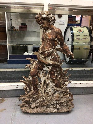 Lot 274 - Victorian cast iron figure of a boy holding a snake, with remains of white paint, 84cm high