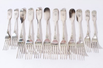 Lot 357 - Eight Georgian forks with feather monogramme various makers and various dates, four Georgian dessert forks