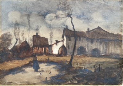 Lot 395 - Early 20th century Continental School - figure in a farmyard, indistinctly signed, 46.5cm x 66cm, loosely in glazed gilt