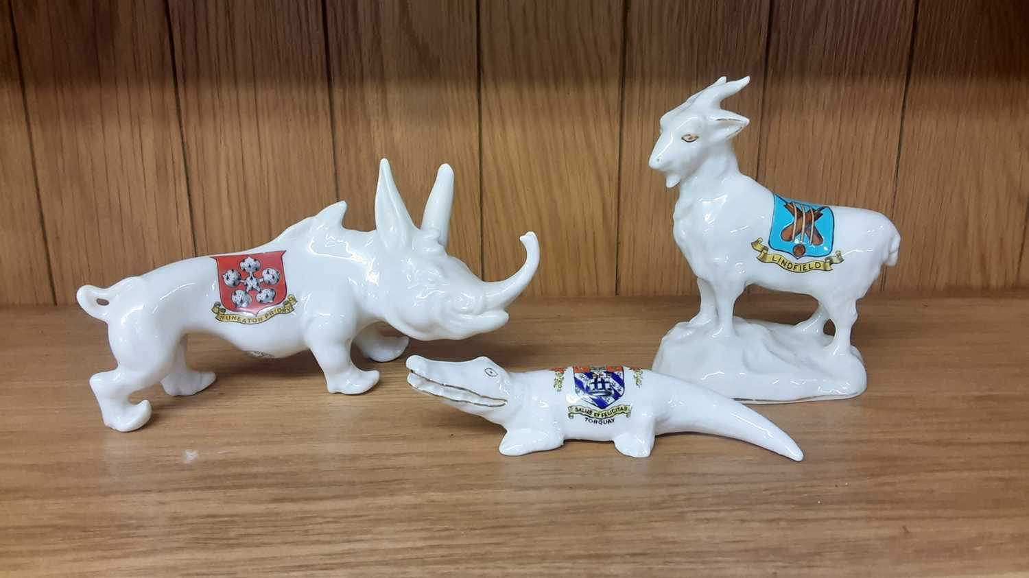 Lot 161 - Selection of Crested China model animals including Welsh Goat, Crocodile, Rhino, Camel etc, various manufacturers to include Arcadian, Shelley and Aldwych