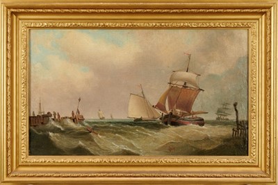 Lot 1154 - English School, 19th century, oil on canvas - Marine scene, indistinctly signed, 31cm x 54cm, in gilt frame