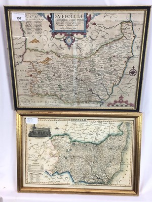 Lot 157 - Christopher Saxton: 17th century hand tinted engraved map of Suffolk together with 19th century map of Suffolk