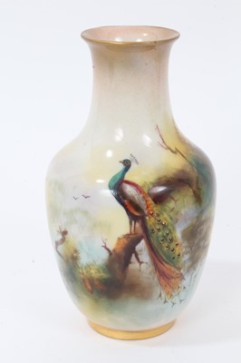 Lot 36 - Royal Worcester vase, hand decorated with a Peacock, signed A. Watkins