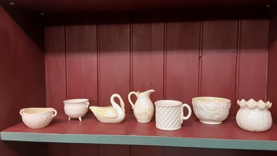 Lot 177 - Selection of Belleek and similar China, including jugs, Swan vases, dishes etc