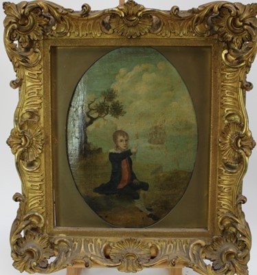 Lot 955 - English School, early 19th century, oil on canvas laid on panel - a child seated 
on a shore with a ship beyond, oval 38cm x 27cm, in good scroll gilt frame