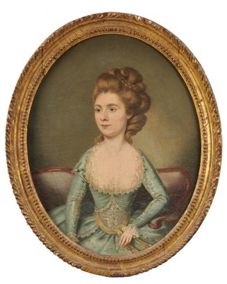 Lot 954 - Continental School, 18th century, oval oil on canvas - portrait of a lady in blue dress, 36cm x 28cm, in carved giltwood frame