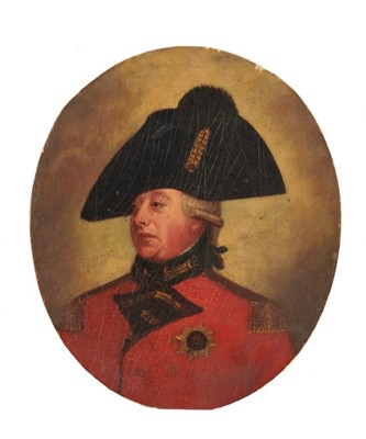 Lot 952 - After Sir William Beechey, early 19th century, oval oil on oak panel – 
portrait of George III, 30cm x 25.5cm, unframed
