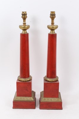 Lot 848 - Pair of Classical style gilt metal mounted red painted toleware column table lamps