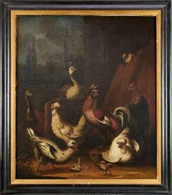 Lot 951 - Manner of Marmaduke Craddock, 18th century oil on canvas - fancy chickens 
and fowl, 76cm x 65cm, in gilt and ebonised frame