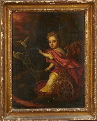 Lot 959 - 18th century oil on canvas - child in a chariot, 49cm x 36cm, in gilt frame