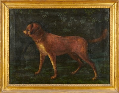 Lot 960 - English School, late 18th/early 19th century, oil on canvas - a favourite terrier, 
inscribed verso, 45cm x 59cm, in gilt frame