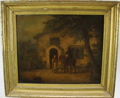Lot 957 - Manner of George Morland, 19th century, oil on panel - figures and horse 
before a tavern, 24cm x 29cm, in gilt frame