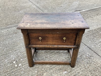 Lot 984 - 17th century-style low oak side table with drawer on chamfered legs joined by stretchers