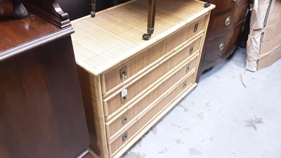 Lot 1084 - Bamboo and wicker chest of four long drawers with flush brass military style handles, 104cm wide, 47cm deep, 76cm high