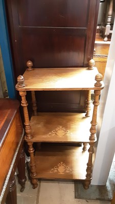 Lot 1086 - Late Victorian inlaid walnut three tier whatnot with turned supports, 50cm wide, 104cm high