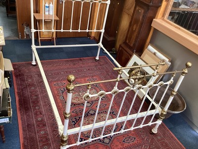 Lot 1101 - Victorian white painted iron and brass mounted double bedstead with irons, 136.5 cm wide, 201 cm deep, 151 cm high