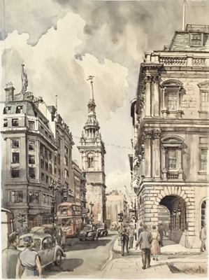 Lot 1 - Dennis Flanders RBA RWS (1915-1994) watercolour - St Mary Le Bow, signed, 28cm x 37.5cm unframed
