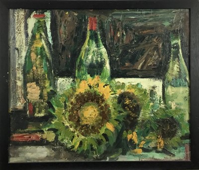 Lot 101 - Follower of John Bratby oil on canvas sunflowers and wine bottles
