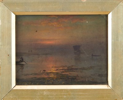 Lot 987 - Jamini Prakash Gangooly (1876-1953) oil on canvas in gilt frame –boats at dusk, 16.5cm x 21.5cm ​