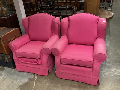 Lot 1060 - Pair wing armchairs with pink loose covers