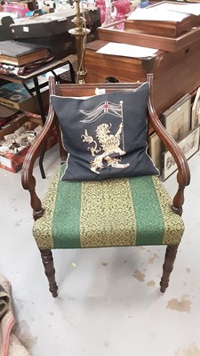 Lot 1147 - Good quality nineteenth century mahogany elbow chair with green upholstered seat on turned front legs, together with a cushion (2)