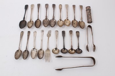 Lot 114 - Group various silver teaspoons and condiment spoons, one silver fork, two pairs silver sugar tongs and silver shaving brush holder