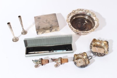 Lot 380 - Silver dishes, pair silver spill vases, silver cigarette box, boxed plated wine coaster etc
