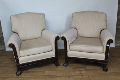 Lot 1401 - Pair of early 20th century mahogany and cream upholstered armchairs with showwood frames.