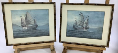 Lot 9 - Pair of early 20th century Oriental School gouaches - Junks at Sea, signed, both images 25.5cm x 20cm  in faux bamboo frames