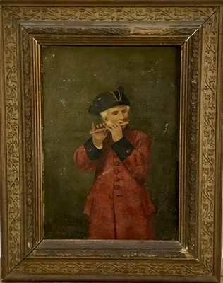 Lot 10 - Late 19th century oil on board - a Chelsea pensioner piper, signed Harlowe '97, 17cm x 24cm, in gilt frame