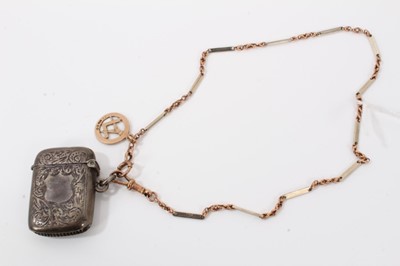 Lot 208 - 9ct white and yellow gold fancy link watch chain with 9ct gold Masonic fob and a silver vesta case