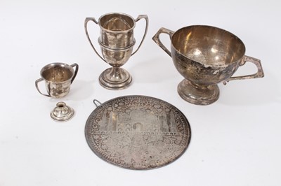 Lot 115 - Three silver trophies, all with presentation inscriptions and a silver plated Taj Mahal engraved disc