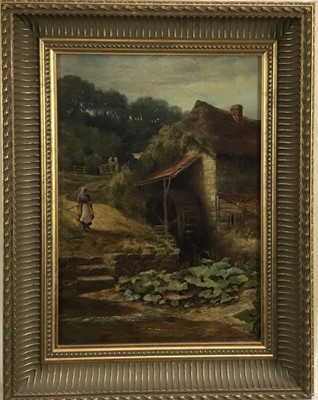 Lot 323 - Victorian English School oil on canvas - figure before a Watermill, 24cm x 34cm, in gilt frame